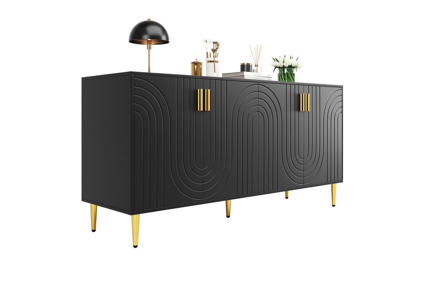 Rutaqian Sideboard Sideboard mit goldenen Griffen und Füßen, 152 x 40 x 75cm (1 St), einzigartigem Wellendesign , das einen eleganten Essbereich schafft von Rutaqian