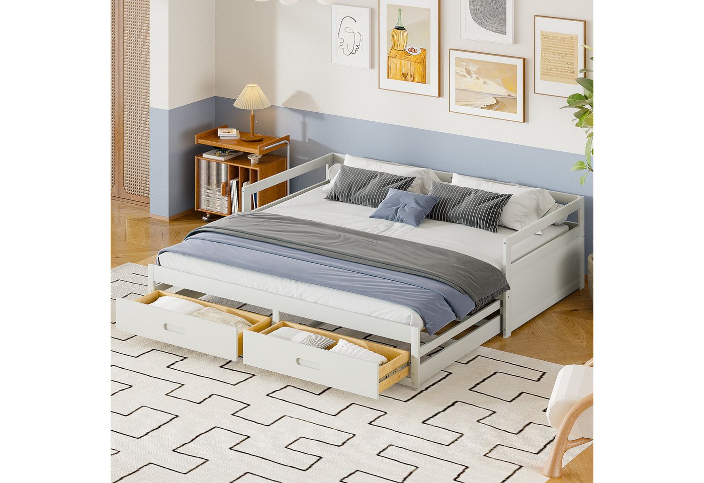 Rutaqian Stauraumbett Ausziehbares Schlafsofamit, Kiefernbett mit Stauraum, L:200 cm (Bett mit Schubladen und Lattenrosten, B:90/180 cm, klassischer Einfacher Stil, Zwischen Sofa und Bett Verstellbar), (Matratze nicht inklusive) Rutaqian Stauraumbett Ausziehbares Schlafsofamit, Kiefernbett mit Stauraum, L:200 cm (Bett mit Schubladen und Lattenrosten, B:90/180 cm, klassischer Einfacher Stil, Zwischen Sofa und Bett Verstellbar), (Matratze nicht inklusive) von Rutaqian