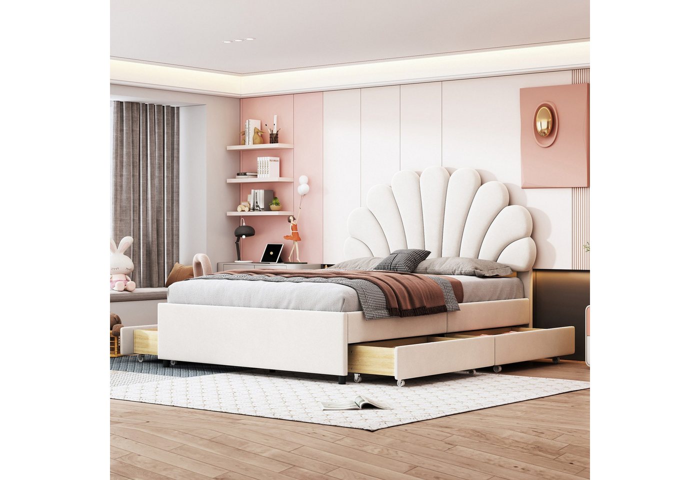 Rutaqian Stauraumbett Doppelbett Polsterbett 140 x 200 cm, einzigartiges Design, (1-tlg., mit Lattenrost, für Erwachsene), höhenverstellbarem geblümtem Kopfteil, aus Samtstoff von Rutaqian