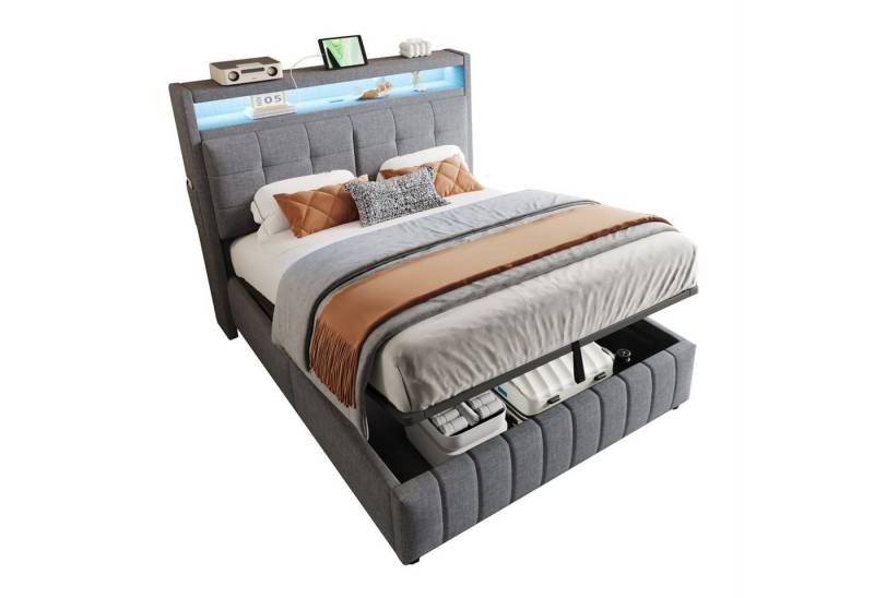 Rutaqian Stauraumbett Hydraulisches Lagerbett mit LED-Beleuchtung, Kopfteil mit Stauraum (klassisches Doppelbett mit USB-Steckdose(Ohne Matratze) von Rutaqian