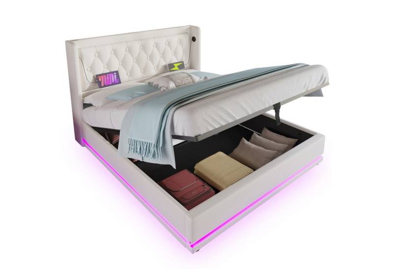 Rutaqian Stauraumbett Hydraulisches Stauraumbett, Einzigartiges Kopfteildesign mit USB,Typ-C (Polsterbett 3-seitige LED-Funktion(Ohne Matratze), Kopfteil Fügen Sie auf Beiden Seiten 16 cm Breite Flügelrücken Hinzu), Jugend und Erwachsenenbetten,Perfekt für Schlafzimmer,Gästebereiche von Rutaqian