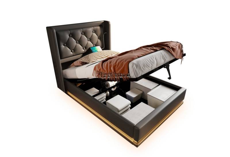 Rutaqian Stauraumbett Hydraulisches Stauraumbett, Einzigartiges Kopfteildesign mit USB,Typ-C (Polsterbett 3-seitige LED-Funktion(Ohne Matratze), Kopfteil Fügen Sie auf Beiden Seiten 16 cm Breite Flügelrücken Hinzu), Jugend und Erwachsenenbetten,Perfekt für Schlafzimmer,Gästebereiche von Rutaqian