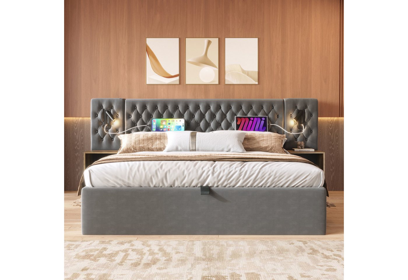 Rutaqian Stauraumbett Polsterbett Jugendbett modern Doppelbett Elegantes Design, (1-tlg), mit 2 Nachttischen, Kopfteil Leselicht mit USB, Samt, 160×200 cm von Rutaqian