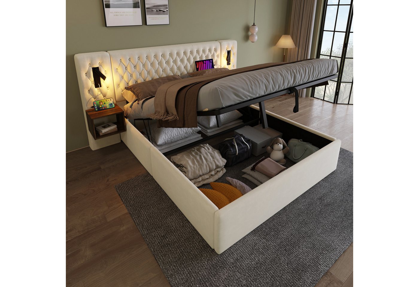 Rutaqian Stauraumbett Polsterbett Jugendbett modern Doppelbett Elegantes Design, (1-tlg), mit 2 Nachttischen, Kopfteil Leselicht mit USB, Samt, 160×200 cm von Rutaqian