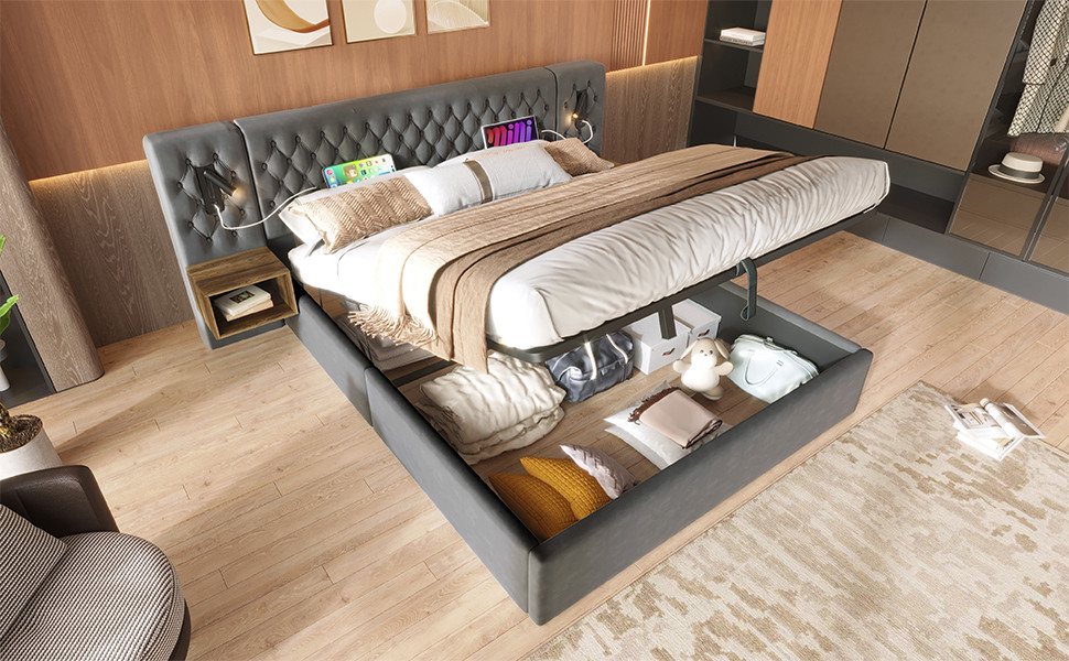 Rutaqian Stauraumbett Polsterbett Jugendbett modern Doppelbett Elegantes Design, (1-tlg), mit 2 Nachttischen, Kopfteil Leselicht mit USB, Samt, 180×200 cm von Rutaqian