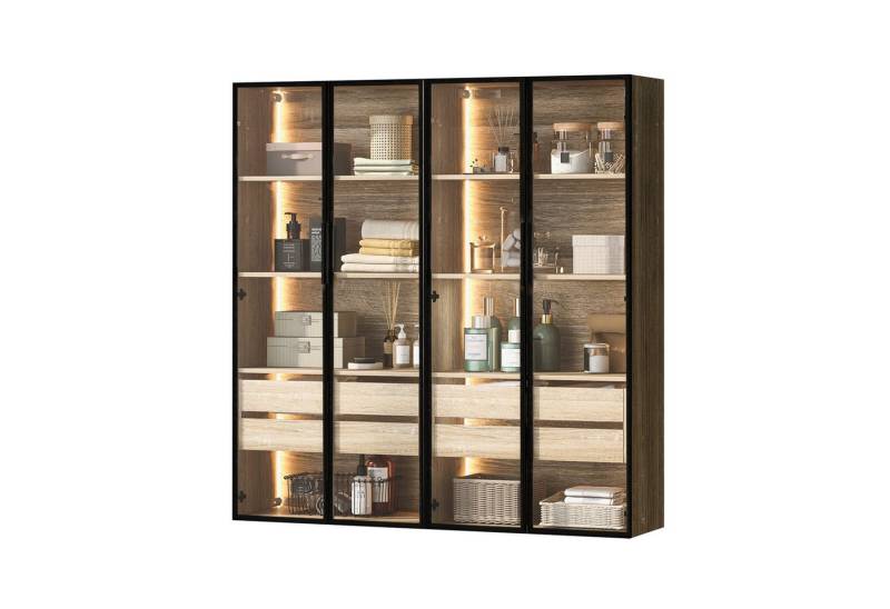 Rutaqian Stauraumschrank 2er-Set Badezimmerschrank, Schränke, mit Lichtleiste, 74x36x155cm (2-St) mit 4 großen Schubladen und 4 Türen, Glastür von Rutaqian