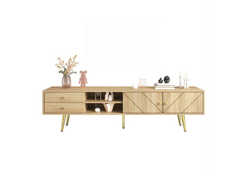 Rutaqian TV-Schrank Fernsehschrank mit 2 Schubladen, 2 Türen und 2 offene Fächer (Holzoptik, Goldfüßen und Einzigartig Gestalteten Türen, Stilvolles Design TV-Schrank,160x36x42 cm) von Rutaqian