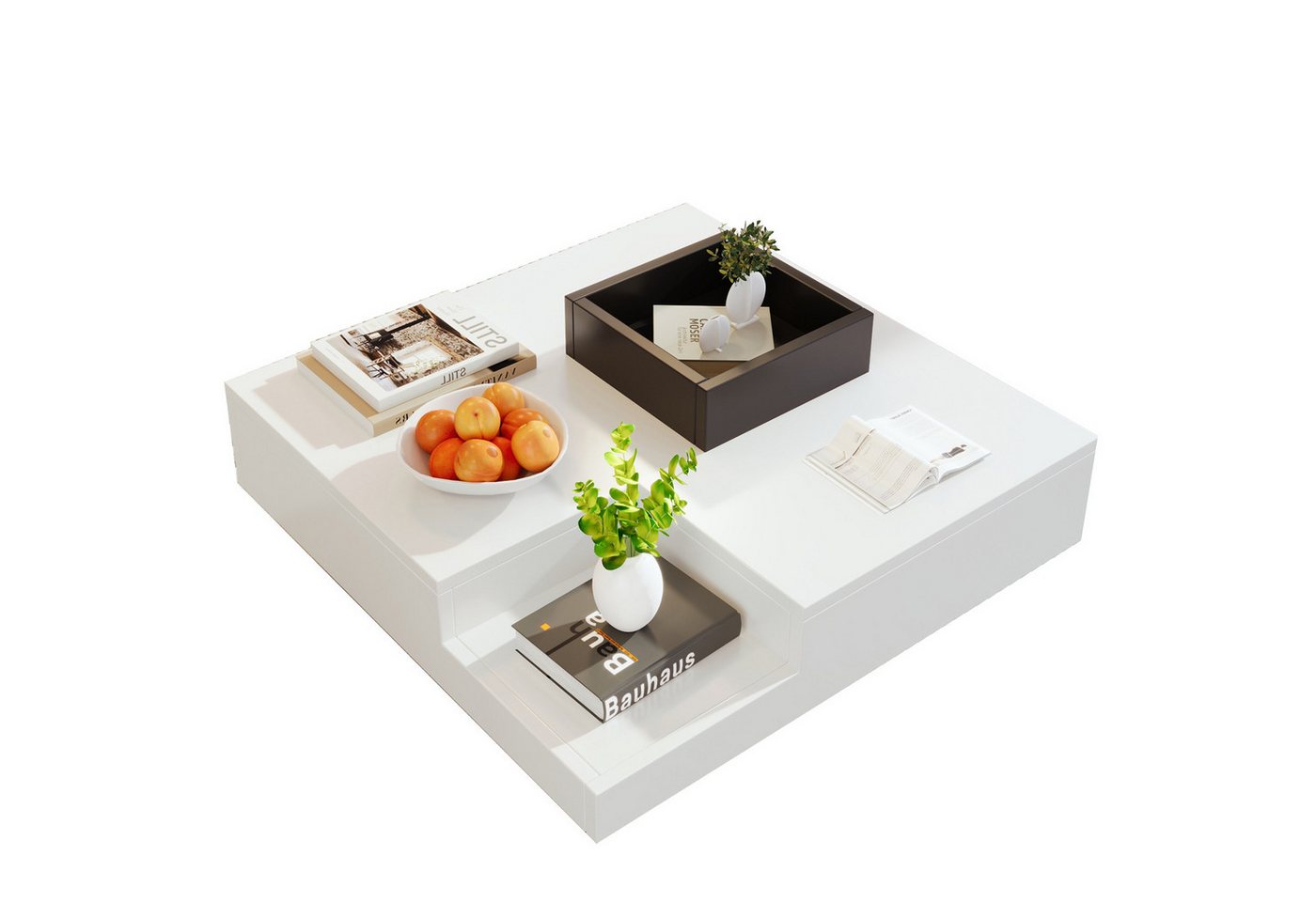 Rutaqian Wohnzimmertisch Couchtisch mit Herausnehmbarer Aufbewahrungsbox (Wohnzimmertisch 72x72x30 cm, 3 Farben Verfügbar, Beistelltisch Weiß und Schwarz mit LED-Beleuchtung (Grau ohne LED) von Rutaqian