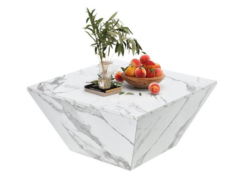 Rutaqian Wohnzimmertisch Moderner Trommel Couchtisch mit 2 Schubladen, Weißer Marmorfurnier (Trapezförmiges integriertes Design Wohnzimmertisch 70x70x37 cm) von Rutaqian