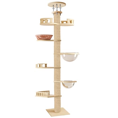 Rutaqian Wandstehender Katzenbaum 6-Ebenen-Verstellbare Höhe (295-315cm), Mitbeobachtungsturm, Baumkapsel & Hanf-Kratzstütze-Starker Katzenkletterturm FÜr Indoor/Outdoor, Stabiler Basis von Rutaqian