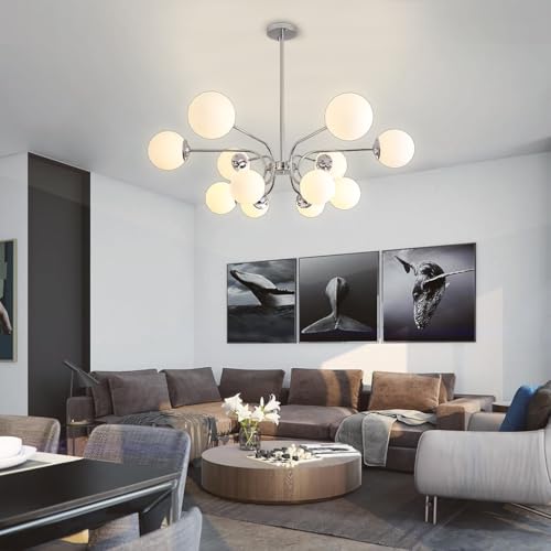 RuuXanthous 12-flammiger Sputnik-Kronleuchter – Moderne Pendelleuchte aus Metall im Mid-Century-Stil für Esszimmer, Kücheninsel, Wohnzimmer, Eingangsbereich – höhenverstellbare Kugel-Deckenle von RuuXanthous