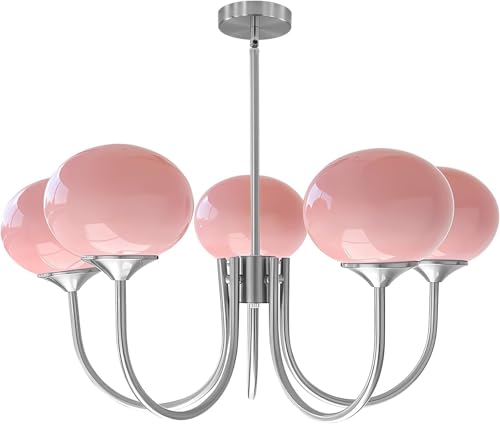 RuuXanthous Moderner 5-flammiger Sputnik-Kronleuchter in Goldkugelform mit rosa Glasschirmen – Pendelleuchte aus gebürstetem Messing aus der Mitte des Jahrhunderts für Kücheninsel und Deckenle von RuuXanthous