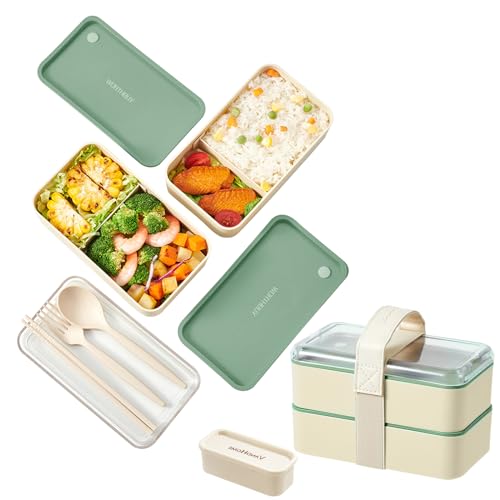 Ruucy 1440 ml Lunchbox 2 Schicht Brotdose mit 2 Fächern und Besteck, Auslaufsicher Bento Box Mikrowelle für Picknick Schule Büro Erwachsene Kinder (Grün) von Ruucy