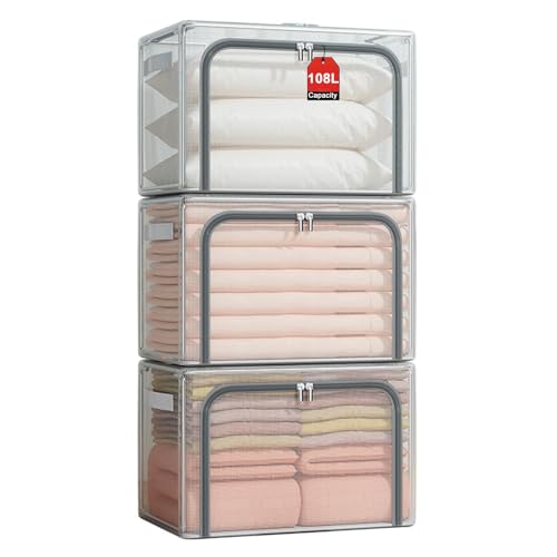 Ruucy 108L Aufbewahrungsbox mit Deckel, 3 Stück Faltbare Kleideraufbewahrung mit Metallrahmen, Wasserdicht PVC Kleider Aufbewahrungstasche, Aufbewahrung Kleiderschrank (60 x 45 x 40 cm) von Ruucy