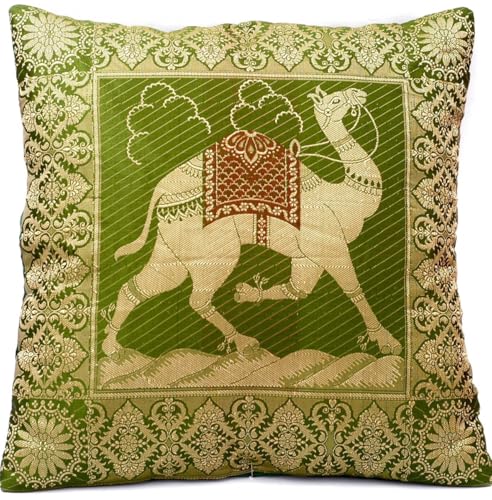 Fröschgrün Seide Kissenbezug mit Kamel Muster | Zierkissenbezug | Sofakissenbezug | Dekokissen | Kissenhülle - 40 cm x 40 cm ***Handgefertigt von Kunsthandwerkern aus Indien*** RB-40 von Ruwado