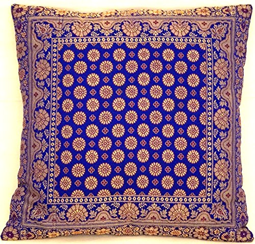 Handgewebt und Handgefertigt Indische Banarasi Seide Dekokissen, Kissenüberzug, Kissenhülle, Kissenbezug, Zierkissenbezug - Blumen Muster 40 x 40 cm | 16 x 16 Zoll, Royalblau. von Ruwado