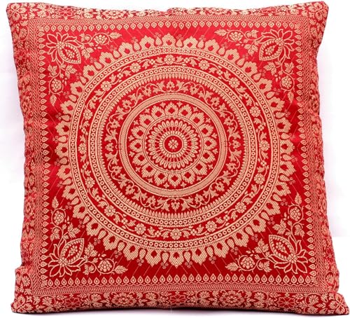 Handgewebt und Handgefertigt Indische Banarasi Seide Dekokissen, Kissenüberzug, Kissenhülle, Kissenbezug, Zierkissenbezug - Mandala Muster 40 x 40 cm | 16 x 16 Zoll, Rot von Ruwado