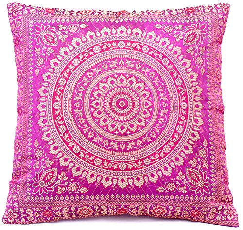 Handgewebt und Handgefertigt Indische Banarasi Seide Kissenbezug, Überzug, Dekokissen - Mandala Muster mit unsichtbarer Reißverschluss - 40 x 40 cm | 16 x 16 Zoll, Rosa von Ruwado