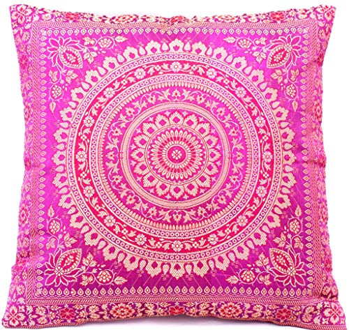 Handgewebt und Handgefertigt Indische Banarasi Seide Kissenbezug, Zierkissenbezug, Sofakissenbezug, Dekokissen - Mandala Muster 40 x 40 cm | 16 x 16 Zoll, Rosa von Ruwado