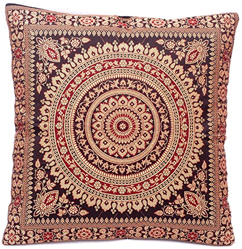 Handgewebter indischer Banarasi Seide Deko-Kissenbezug mit Extravaganten Mandala Design in Schwarz – 40 x 40 cm | 16 x 16 Zoll. Handgewebt und Handgefertigt von Kunsthandwerkern aus Kaschmir-Indien von Ruwado