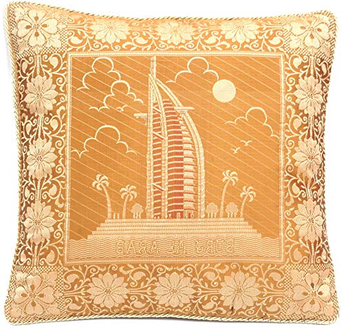 Indische Banarasi Seide Deko Kissenbezüge 40 cm x 40 cm, Extravaganten Designs für Wohnzimmer und Schlafzimmer Dekoration - Burj AL Arab mit Rand 40 x 40 cm | 16 x 16 Zoll, Golden-7 von Ruwado