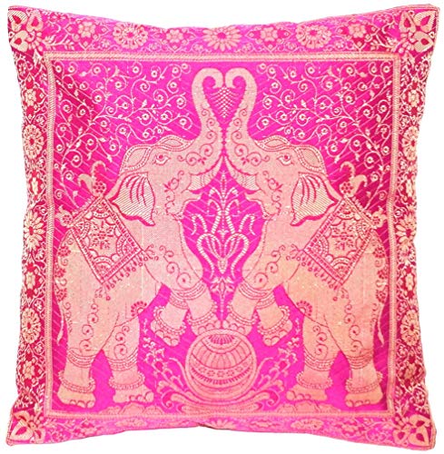 Indische Banarasi Seide Deko Kissenbezüge 40 cm x 40 cm, Extravaganten Designs für Wohnzimmer und Schlafzimmer Dekoration - Doppel Elefant Muster 40 x 40 cm | 16 x 16 Zoll, Rosa-4 von Ruwado