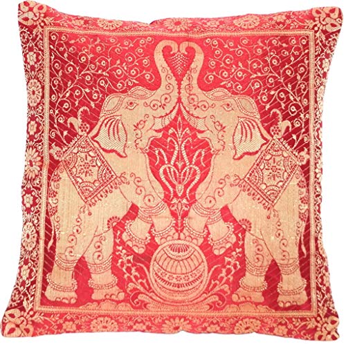 Indische Banarasi Seide Deko Kissenbezüge 40 cm x 40 cm, Extravaganten Designs für Wohnzimmer und Schlafzimmer Dekoration - Doppel Elefant Muster 40 x 40 cm | 16 x 16 Zoll, Rot-4 von Ruwado