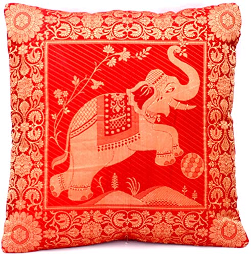 Indische Banarasi Seide Deko Kissenbezüge 40 cm x 40 cm, Extravaganten Designs für Wohnzimmer und Schlafzimmer Dekoration - Elefant Muster 40 x 40 cm | 16 x 16 Zoll, Rot-3 von Ruwado