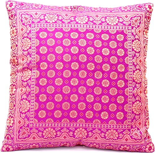 Indische Banarasi Seide Kissenbezug, Zierkissenbezug, Sofakissenbezug, Dekokissen, Zierkissen - 40x40 cm | 16x16 Zoll ***Handgewebt und Handgefertigt aus Kaschmir-Indien*** (Rosa) von Ruwado