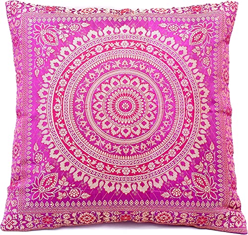 Indische Banarasi Seide Kissenbezug, Zierkissenbezug, Sofakissenbezug, Dekokissen, Zierkissen - 40x40 cm | 16x16 Zoll ***Handgewebt und Handgefertigt aus Kaschmir-Indien*** (Rosa) von Ruwado