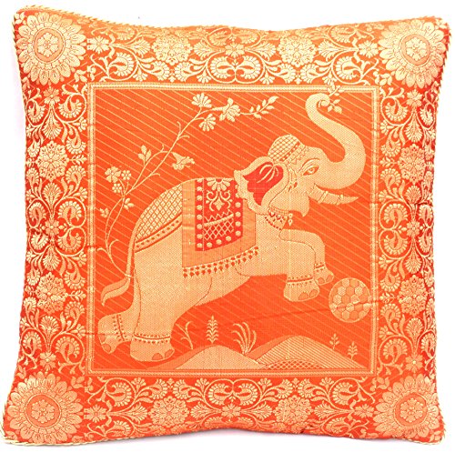 Orange Seide Kissenbezug mit Elefanten design und Umrandung | Zierkissenbezug | Sofakissenbezug | Kissenhülle - 40 x 40 cm ***Handgewebt und Handgefertigt von Kunsthandwerkern aus Kaschmir-Indien*** von Ruwado