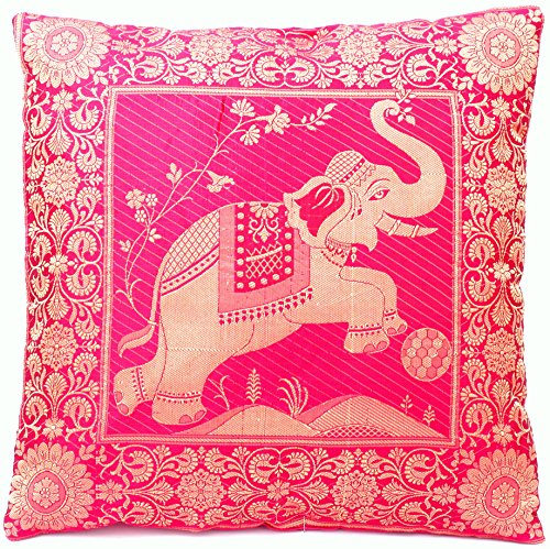 Rosa Seide Kissenbezug mit Elefant Design | Zierkissenbezug | Sofakissenbezug | Dekokissen - 40 cm x 40 cm ***Handgewebt und Handgefertigt von Kunsthandwerkern aus Kaschmir-Indien*** RB-77 von Ruwado