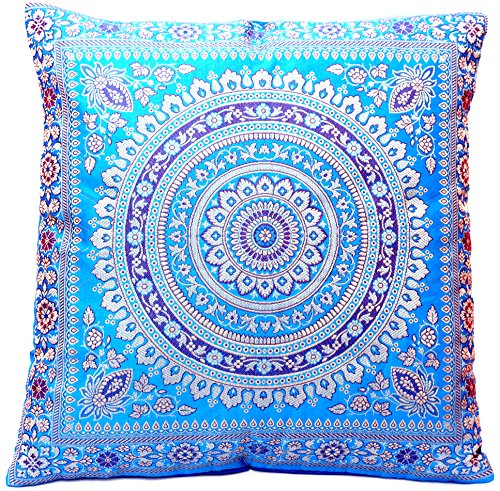 Ruwado Handgewebt und Handgefertigt Indische Banarasi Seide Dekokissen, Kissenüberzug, Kissenhülle, Kissenbezug, Zierkissenbezug - Mandala Muster 40 x 40 cm | 16 x 16 Zoll, Blau von Ruwado