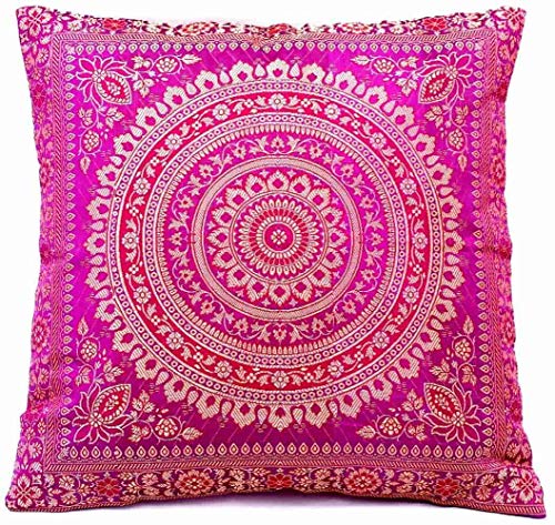 Ruwado Handgewebt und Handgefertigt Indische Banarasi Seide Dekokissen, Kissenüberzug, Kissenhülle, Kissenbezug, Zierkissenbezug - Mandala Muster 40 x 40 cm | 16 x 16 Zoll, Magenta von Ruwado