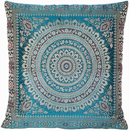 Ruwado Handgewebt und Handgefertigt Indische Banarasi Seide Kissenbezug, Dekokissen - Mandala Muster mit unsichtbarer Reißverschluss - 40 x 40 cm | 16 x 16 Zoll, Türkis-Blau von Ruwado