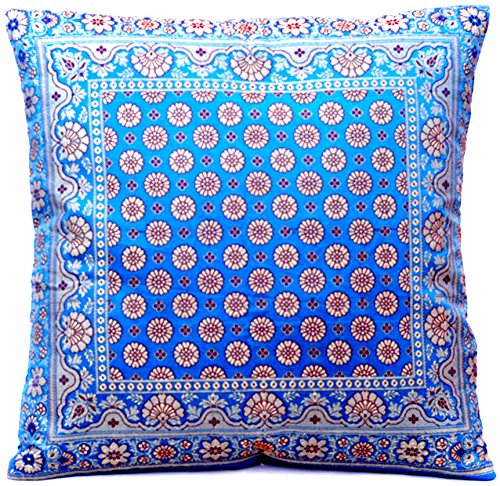 Ruwado Handgewebt und Handgefertigt Indische Banarasi Seide Kissenbezug, Zierkissenbezug, Sofakissenbezug, Dekokissen - Blumen Muster 40 x 40 cm | 16 x 16 Zoll, Blau. von Ruwado