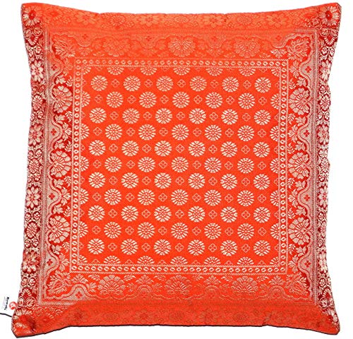 Ruwado Handgewebt und Handgefertigt Indische Banarasi Seide Kissenbezug, Zierkissenbezug, Sofakissenbezug, Dekokissen - Blumen Muster 40 x 40 cm | 16 x 16 Zoll, Rost-Orange. von Ruwado
