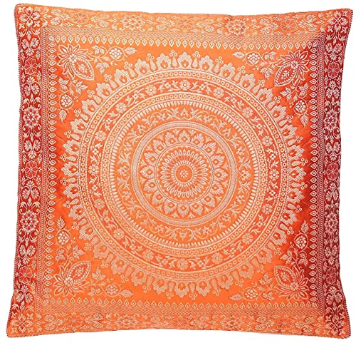 Ruwado Handgewebt und Handgefertigt Indische Banarasi Seide Kissenbezug, Zierkissenbezug, Sofakissenbezug, Dekokissen - Mandala Muster 40 x 40 cm | 16 x 16 Zoll, Orange von Ruwado