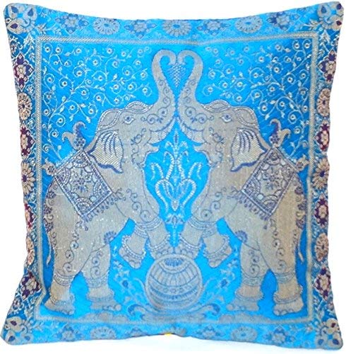 Ruwado Indische Banarasi Seide Deko Kissenbezüge 40 cm x 40 cm, Extravaganten Designs für Wohnzimmer und Schlafzimmer Dekoration - Doppel Elefant Muster 40 x 40 cm | 16 x 16 Zoll, Blau-4 von Ruwado