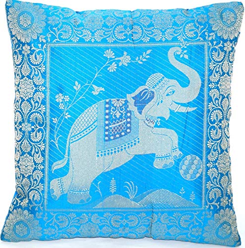 Ruwado Indische Banarasi Seide Deko Kissenbezüge 40 cm x 40 cm, Extravaganten Designs für Wohnzimmer und Schlafzimmer Dekoration - Elefant Muster 40 x 40 cm | 16 x 16 Zoll, Türkis-3 von Ruwado