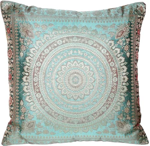 Ruwado Indische Banarasi Seide Deko Kissenbezüge 40 cm x 40 cm, Extravaganten Designs für Wohnzimmer und Schlafzimmer Dekoration - Mandala Muster 40 x 40 cm | 16 x 16 Zoll, Meeresgrün von Ruwado