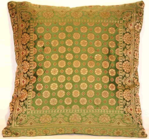 Ruwado Indische Banarasi Seide Deko Kissenbezüge 40 cm x 40 cm, Extravaganten Polsterbezug, Kissenüberzug Designs für Home Deko - Blumen Muster 40 x 40 cm | 16 x 16 Zoll, Froschgrün. von Ruwado