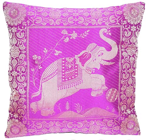 Ruwado Magenta Seide Kissenbezug mit Elefanten Design | Zierkissenbezug | Sofakissenbezug | Dekokissen - 40 cm x 40 cm ***Handgewebt und Handgefertigt von Kunsthandwerkern aus Kaschmir-Indien*** von Ruwado