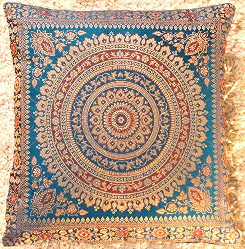 Ruwado Türkis Grün Handgewebt und Handgefertigt Indische Banarasi Seide Dekokissen, Kissenüberzug, Kissenhülle, Kissenbezug, Zierkissenbezug - Mandala Muster 40 x 40 cm | 16 x 16 Zoll von Ruwado