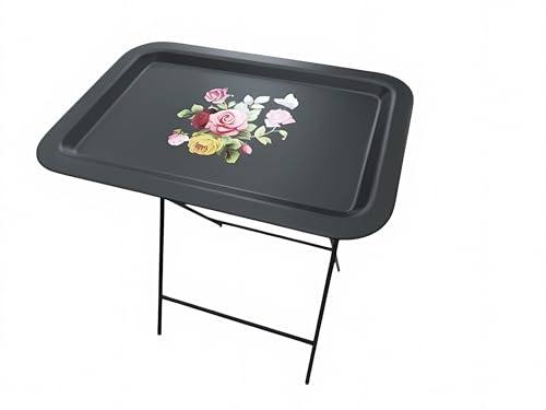 Ruweistar Tragbarer klappbarer TV-Tablett mit Blumenmuster, graues Metallgestell, Beistelltisch für Sofa (schwarz) von Ruweistar