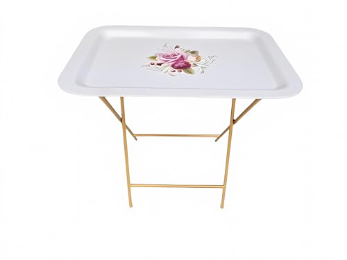 Ruweistar Tragbarer zusammenklappbarer TV-Tablett mit Blumenmuster, graues Metallgestell, Beistelltisch für Sofa (weiß) von Ruweistar
