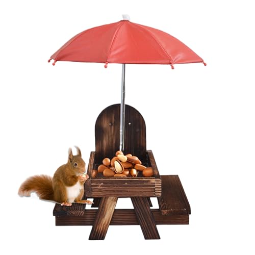 Ruyeiig Eichhörnchen Futterstelle - Humoristischer Picknicktisch Mit Schirm Für Eichhörnchen | Holz Futterplatz Für Wildtiere Mit Mais Halter Für Vögel von Ruyeiig