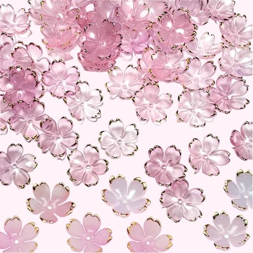 Ruzister 50 Stück Kirschblüten-Acryl-Blumenperlen, Mini-Blumen-Abstandsperlen für die Schmuckherstellung, 5-Blütenblatt-Farbverlaufs-Blumenperlen, vergoldete Blumen von Ruzister