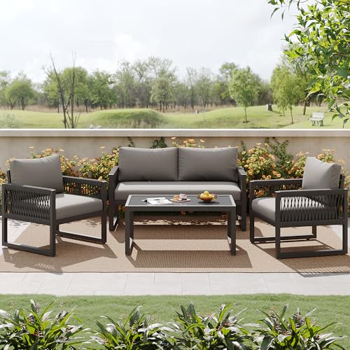 Garten-Loungesessel-Set mit verzinktem Eisenrahmen, Gartenmöbel-Set aus Seil, graues Loungesessel-Set aus Seil mit Sitzkissen, verstellbaren Füßen, glatter Glasplatte, 4er-Set, alle Kissen inklusive von Rvjiahe