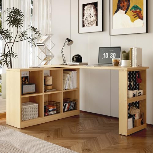 Rvjiahe 140 x 104 x 75cm Multifunktionaler Bürotisch, Sechsfach-Lagerschrank + Ablage, breite und Dicke Schreibtischplatte, Lochplatte + Ablage, super belastbar, veränderbare Form, Natural von Rvjiahe